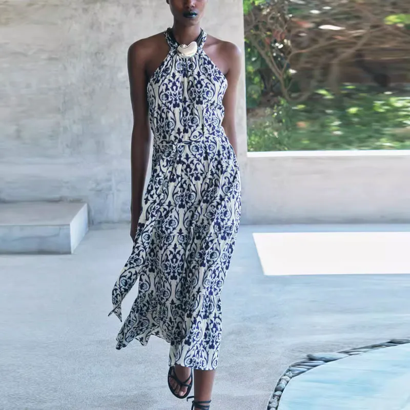 ZARA Slip Dresses Women's Blue White-3