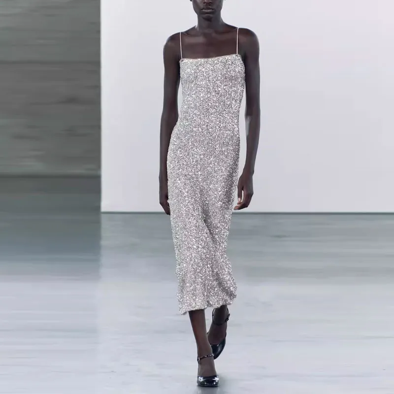 ZARA Slip Dresses Women's Silver-2