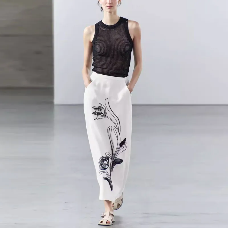 ZARA ZW Series Casual Long Skirts Women's White-2