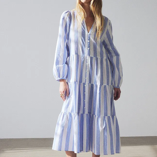 H&M Long-Sleeved Dresses Women's Light Blue/Stripes-1