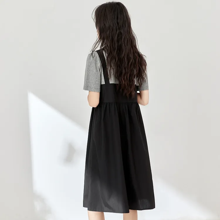 Mo Han Yi Mei Short Sleeved Dresses Women's Black Gray Color-0
