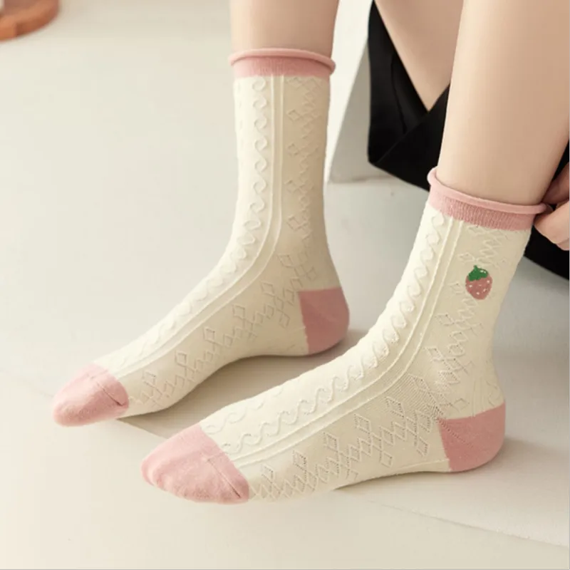 MADALLO Mid Calf Socks Women's 5 Pack Pink Series Cuffed Strawberry-1