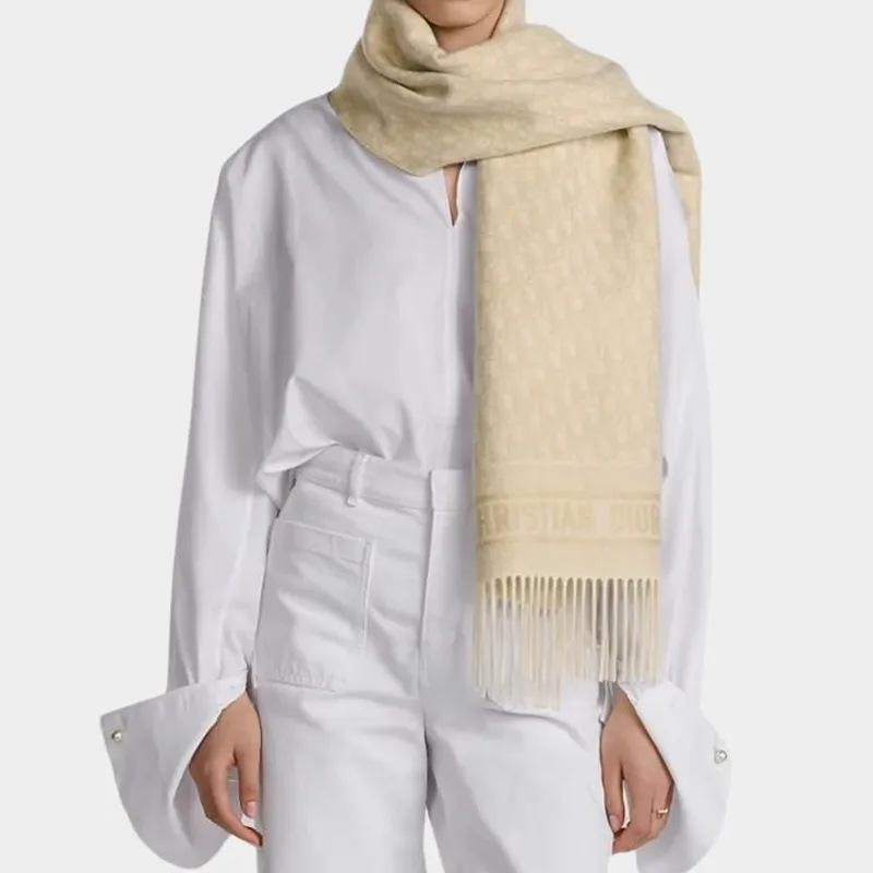 DIOR Cashmere, Wool, Metal Thread, Viscose, Metallic Polyester Knit Scarves Women's Khaki-3