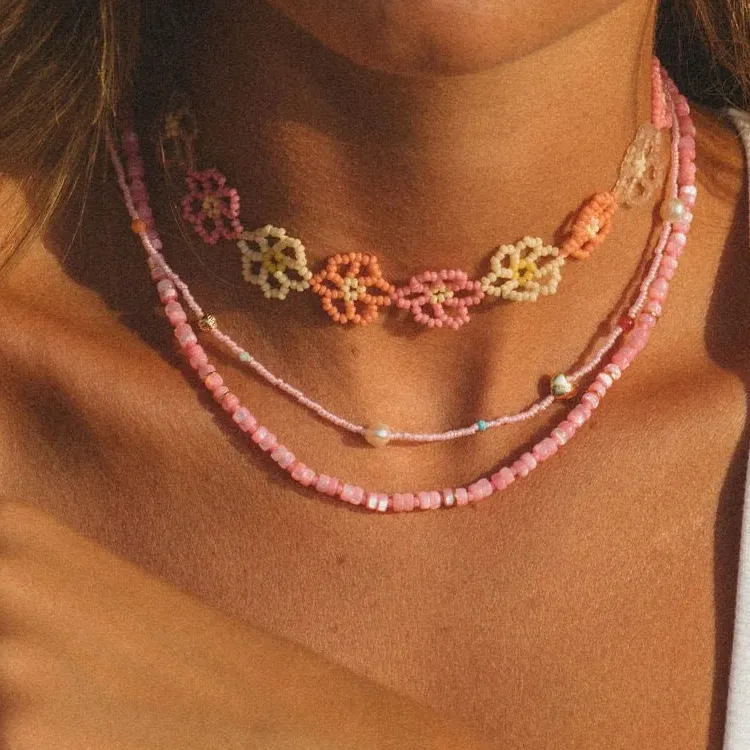 ANNI LU 18K Gold Brass Glass Pearl Jade Carat Stone Amazonite Sea Bamboo Imitation Opal Necklaces Unisex Pink-2