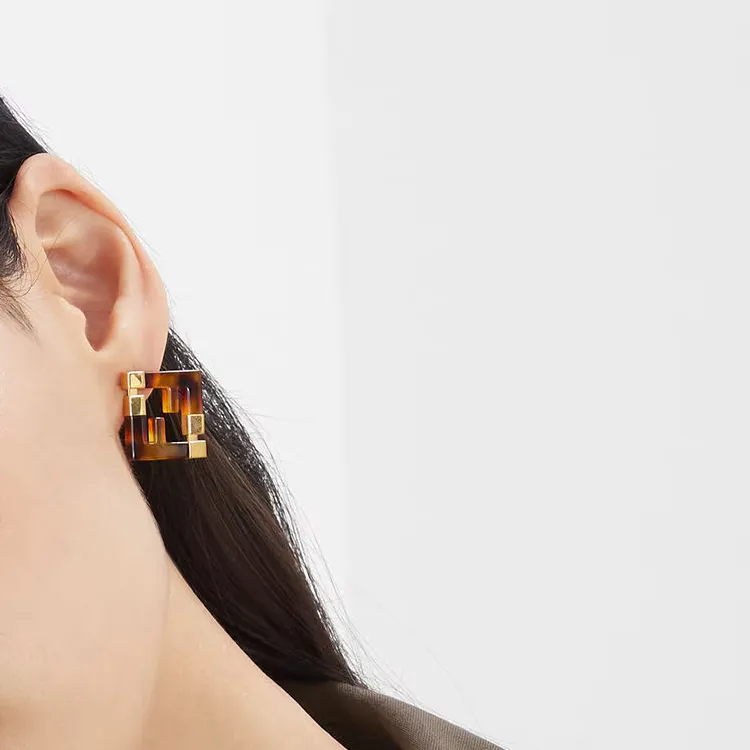 FENDI Bronze Plexiglass Metal Earrings Women's Gold-2