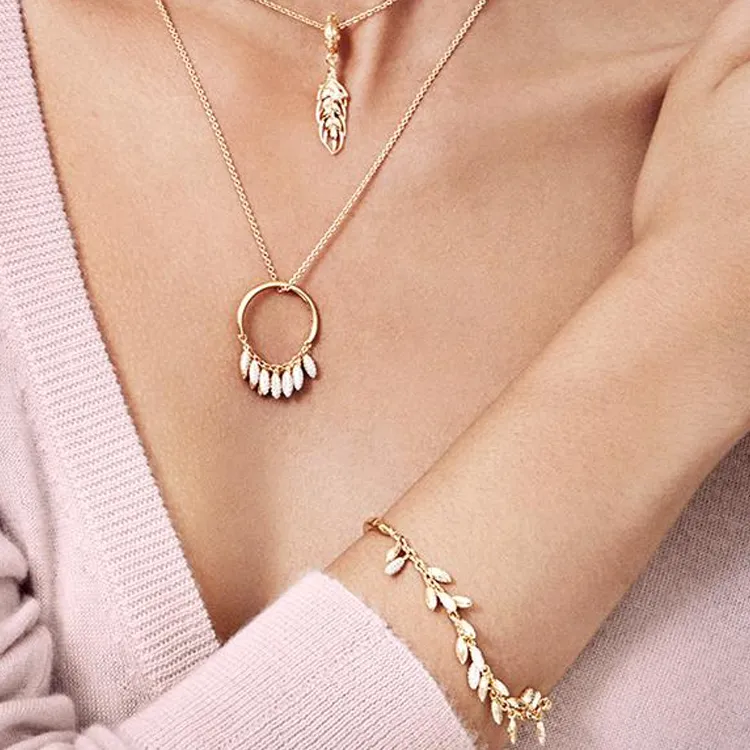 Pandora 925 Sterling Silver 18K Gold Synthetic Cubic Zirconia Necklaces Women's Gold-2