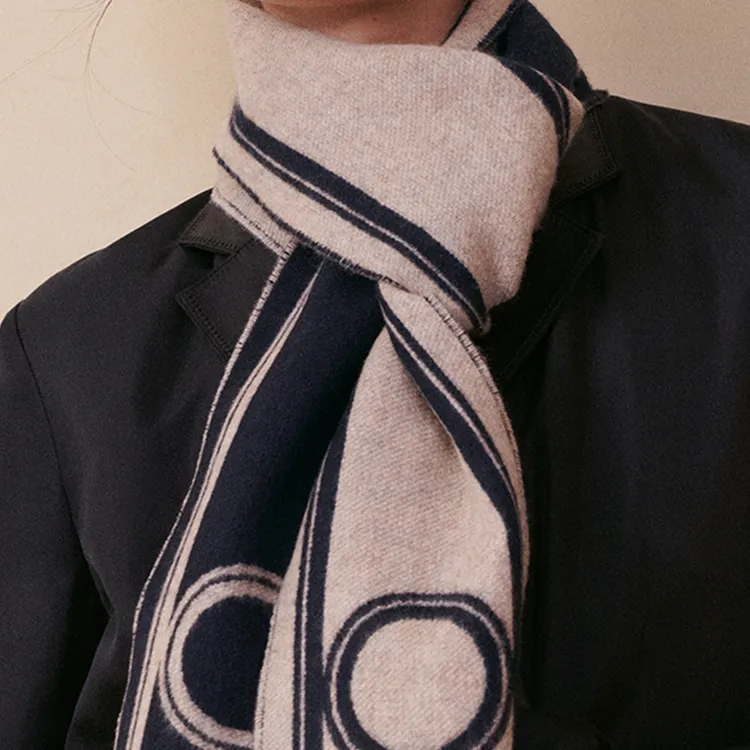 HERMES Cashmere Knit Scarves Unisex Marine Blue/Beige Mix-2