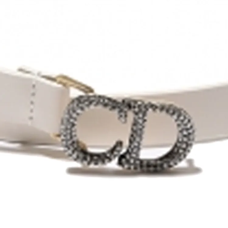 DIOR CD Buckle Adjustable Ring Leather Leather Belts Women's White Width  2CM-2