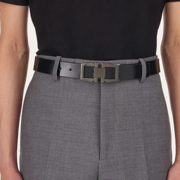 FERRAGAMO Calfskin Leather Belts Men's Black Width  3cm-3
