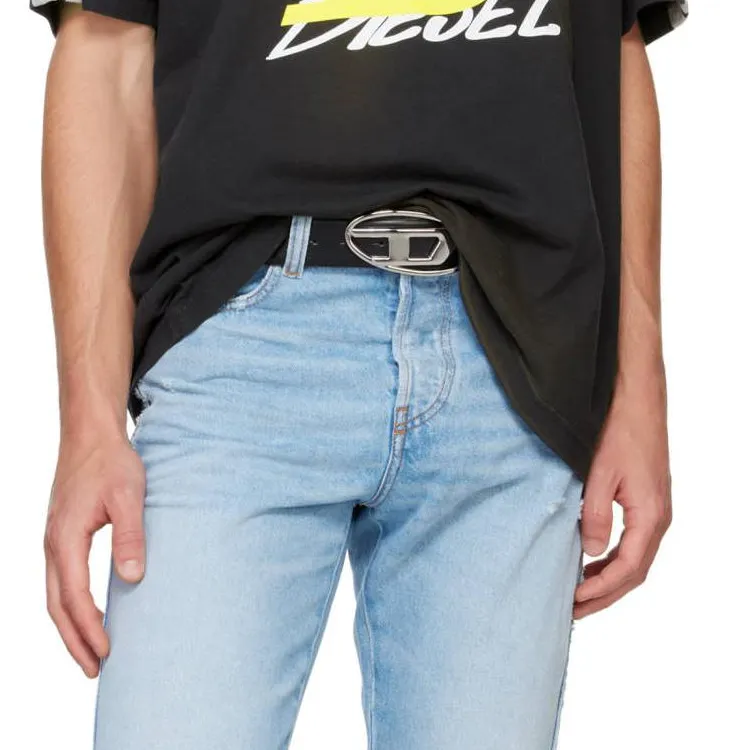 DIESEL Leather Metal Leather Belts Men's Black Width 4CM-2