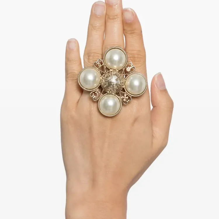CHANEL Metal, Pearl Rings Women's Gold-2