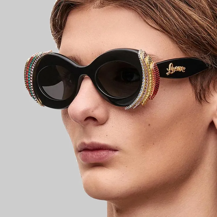 LOEWE Acetate Crystal Oval Sunglasses Women's Black-3