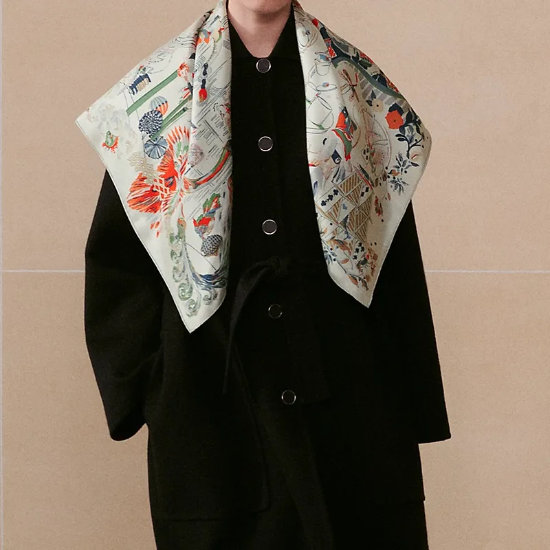 HERMES Silk Scarves Women's Silver/Orange/Green-2