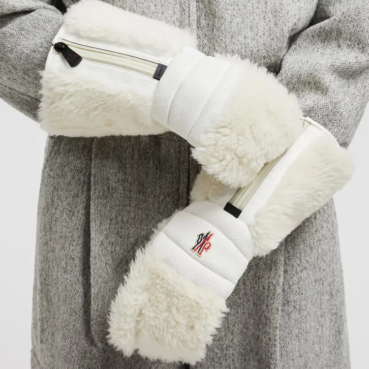 Moncler Wool Nylon Polyamide Lambskin Leather Gloves Women's Beige-2