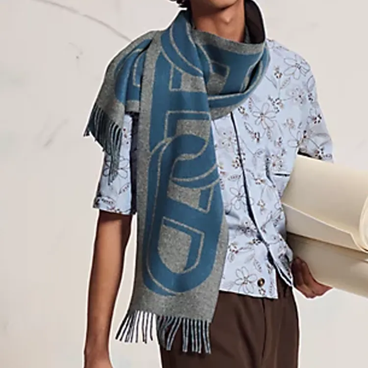HERMES Cashmere Knit Scarves Men's Camel/orange-2