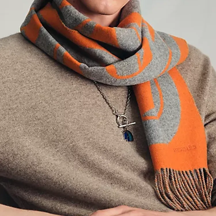 HERMES Cashmere Knit Scarves Men's Camel/orange-5