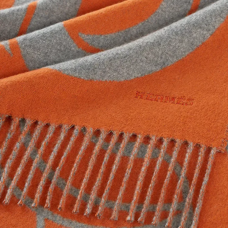 HERMES Cashmere Knit Scarves Men's Camel/orange-4