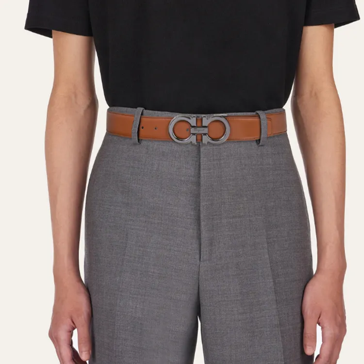 FERRAGAMO Calfskin Leather Belts Men's Brown Width 3.3CM-2