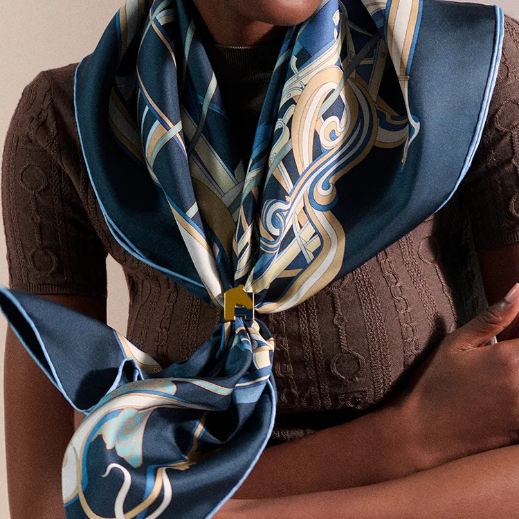 HERMES Mulberry Silk Scarves Women's Navy Blue/Medium Blue/Sulfur Yellow-1