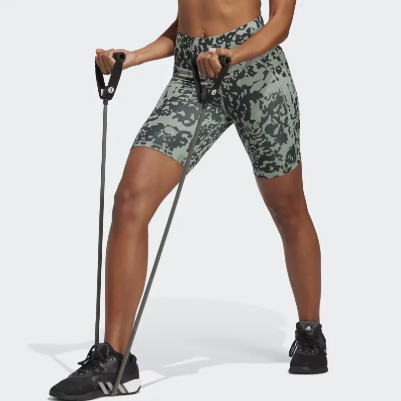Adidas OPTIME STASH POCKET TRAINING FLORAL PRINT SHORT LEGGINGS Sports Shorts Women's Silver Green-2