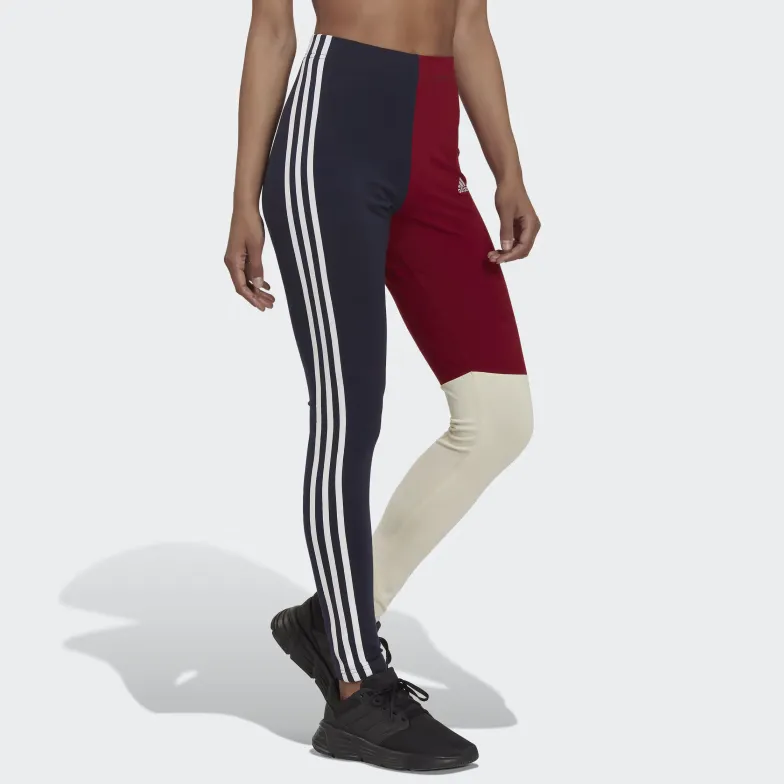 Adidas Essential 3-STRIPES COLORBLOCK COTTON LEGGINGS Athletic Trousers Women's Black Red-3