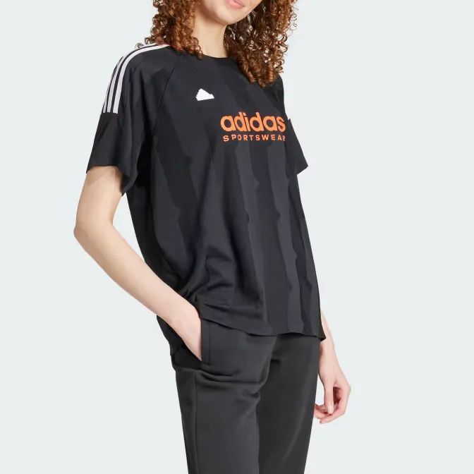 Adidas Women's Tiro Cut 3 Stripes Jacquard Boyfriend T Shirt Black-3