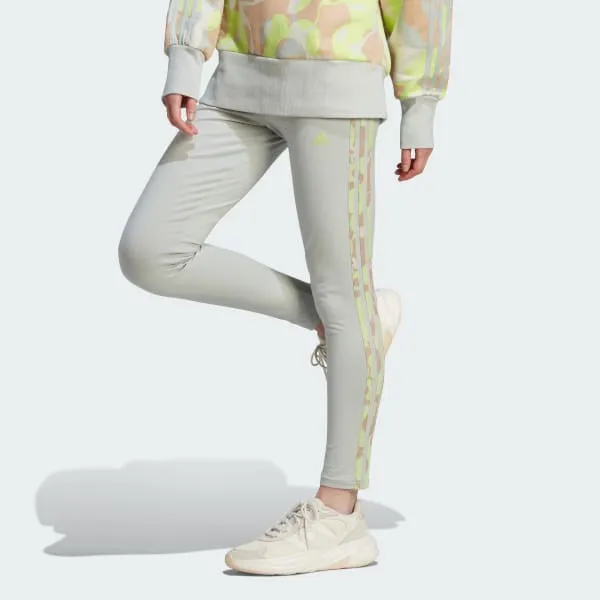 Adidas FLORAL GRAPHIC 3-STRIPES LEGGINGS Knitted Sports Pants Women's Magical Silver-1