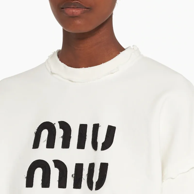 MIU MIU Logo embroidered Distressed Cotton Sweatshirt-4