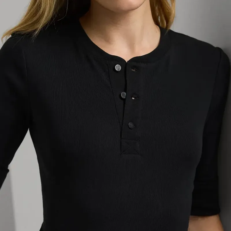 LAUREN RALPH LAUREN Solid Color Button Pullover Slim Fit Five Button Long Sleeved T Shirt Women's Black-4