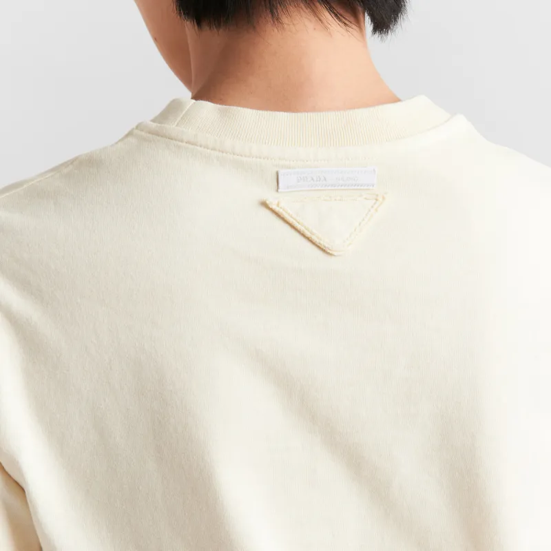 PRADA Solid Color Rear Logo Badge Crew Neck Short Sleeved T Shirt Women's Vanilla-3