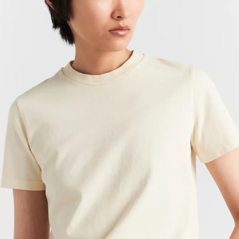 PRADA Solid Color Rear Logo Badge Crew Neck Short Sleeved T Shirt Women's Vanilla-4