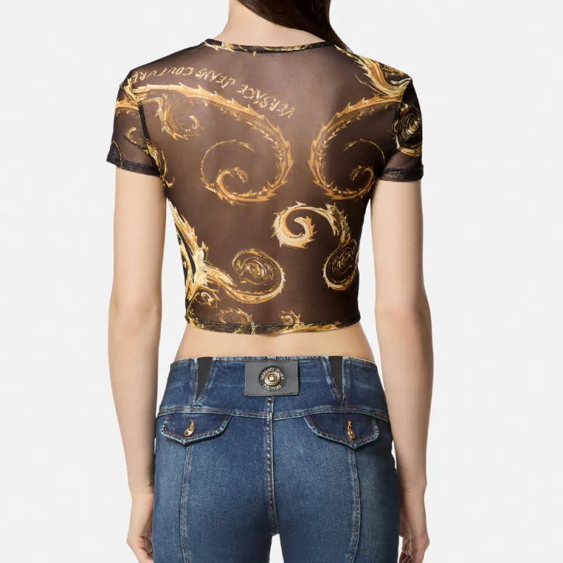 VERSACE JEANS COUTURE Multicolor Pattern All over Print Crew Neck Cropped Short Sleeved T Shirt Women's Black-1