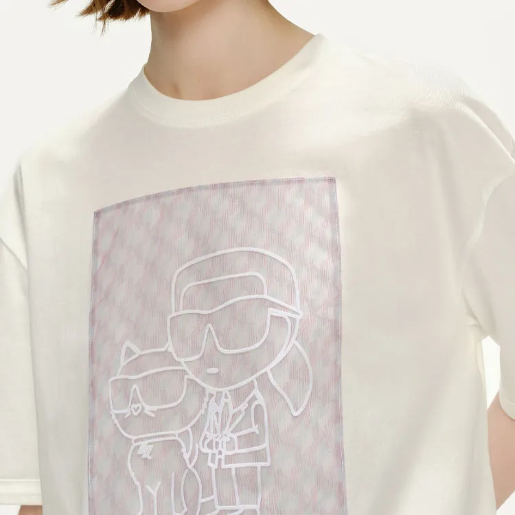 KARL LAGERFELD Cartoon Print Gauze Patchwork Crew Neck Short Sleeved T Shirt Women's White-5