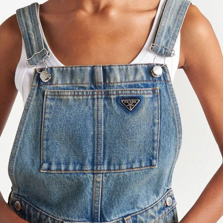 PRADA Logo plaque Denim Bib Dress-3