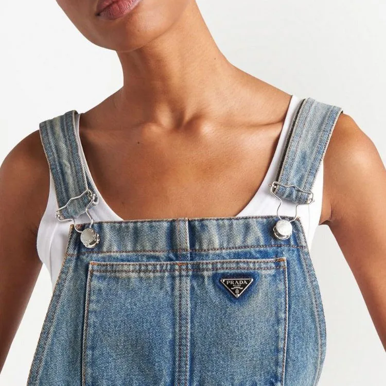 PRADA Logo plaque Denim Bib Dress-5