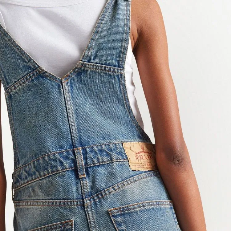 PRADA Logo plaque Denim Bib Dress-4