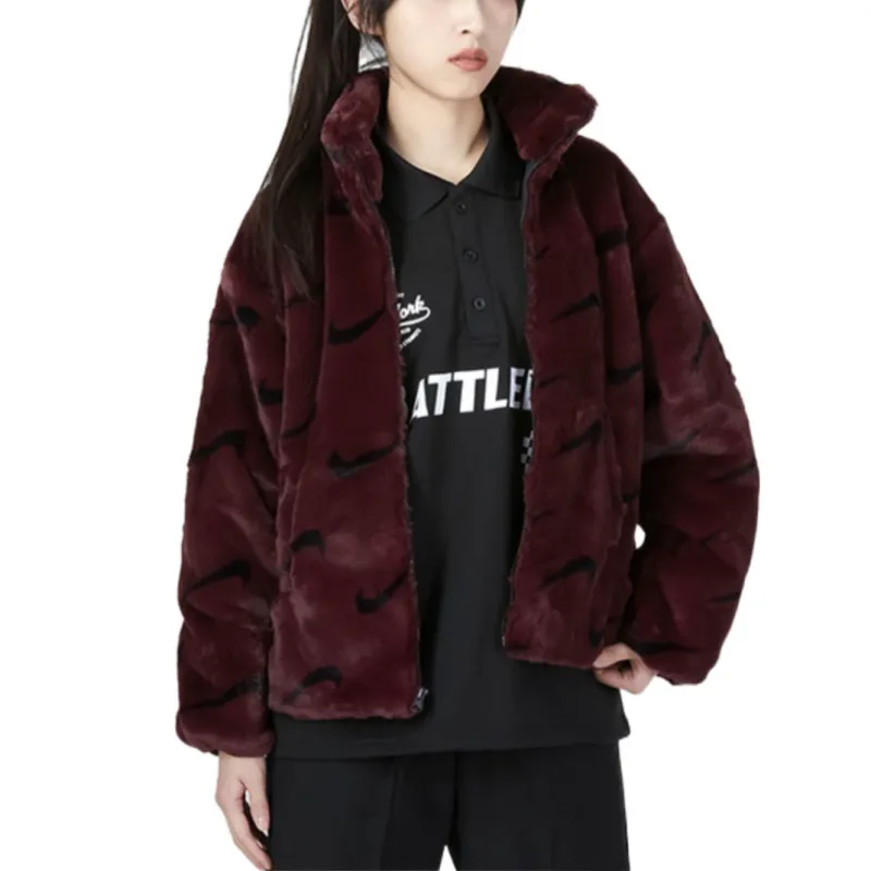 Nike Women's Printed Faux Fur Jacket Asia Sizing Burgundy Crush-3