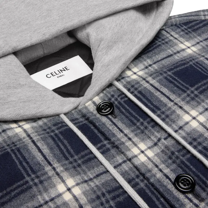 CELINE Hooded Checked Cotton Overshirt-4