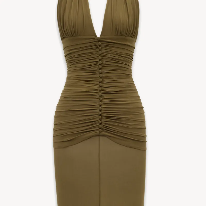 SAINT LAURENT Ruched Midi Halter Dress-3