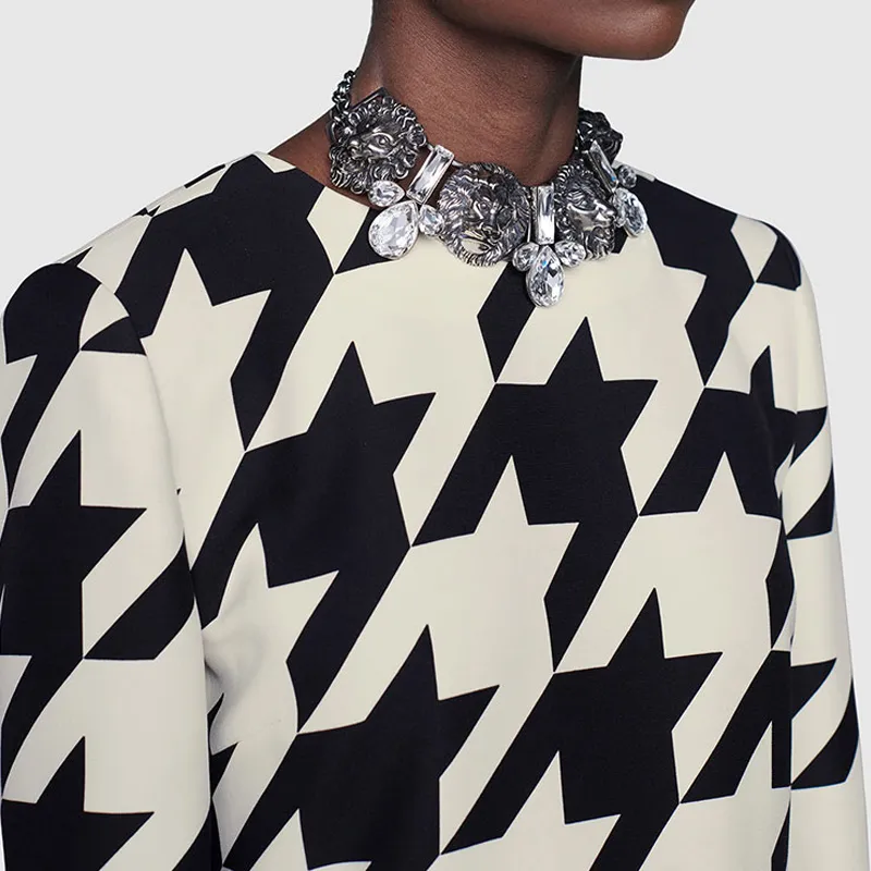 GUCCI Houndstooth Long Sleeve Shift Dress Multi-4
