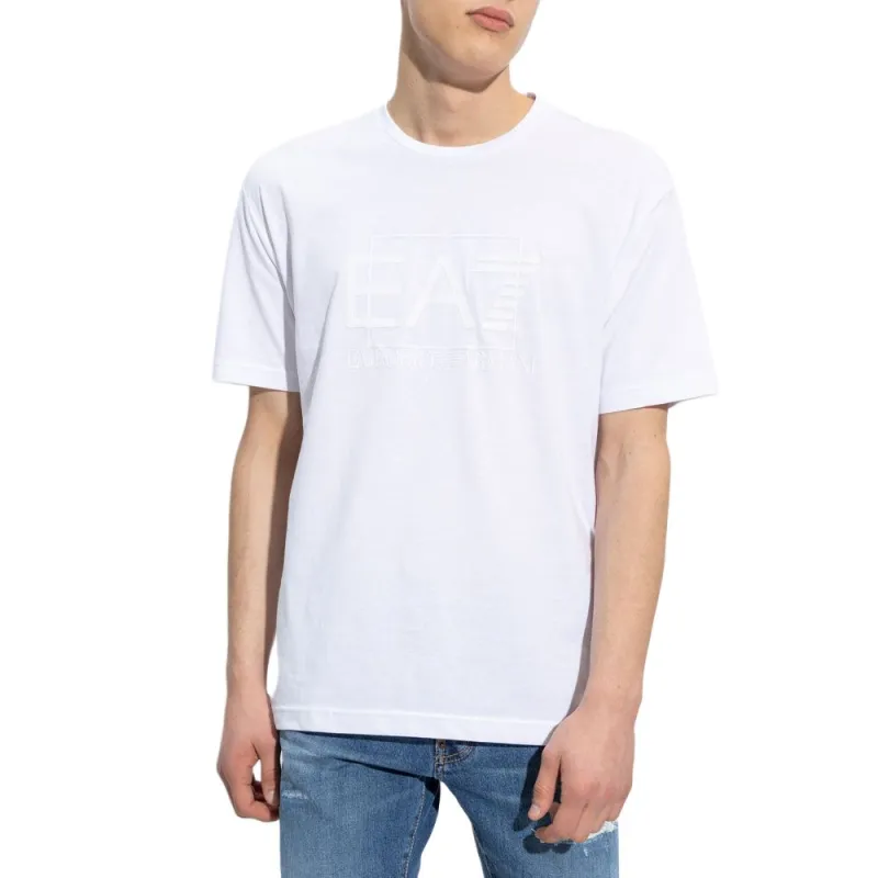 EMPORIO ARMANI EA7 Logo Print Crew Neck Slim Fit Short Sleeved T Shirt T Shirt Men's White-2