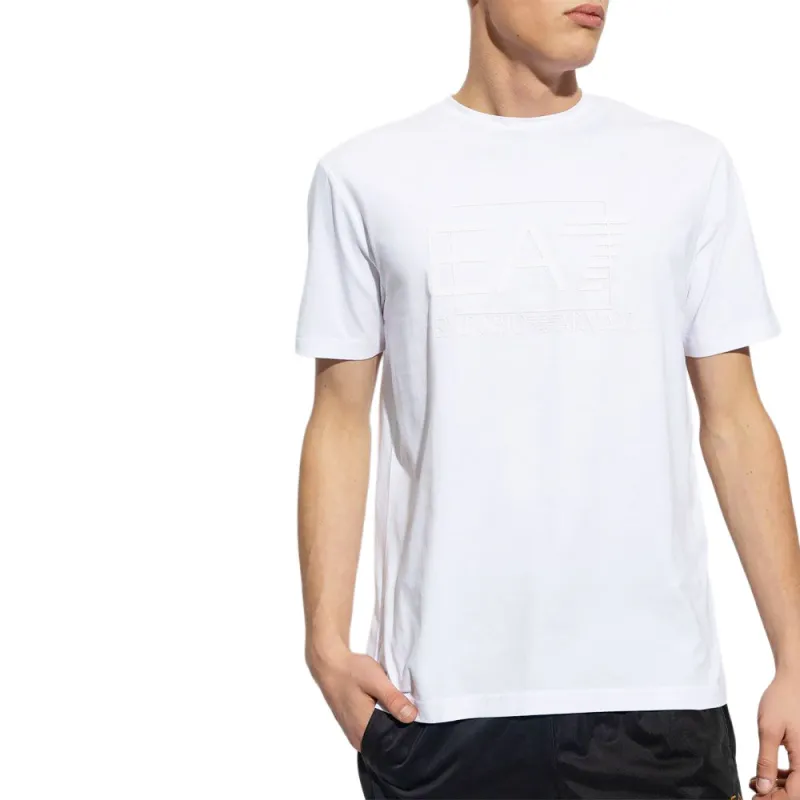 EMPORIO ARMANI EA7 Logo Print Crew Neck Slim Fit Short Sleeved T Shirt T Shirt Men's White-1