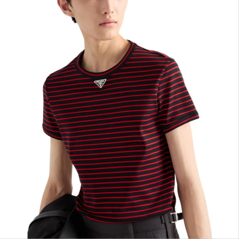 PRADA Triangle Logo Striped Crewneck T-Shirt-3