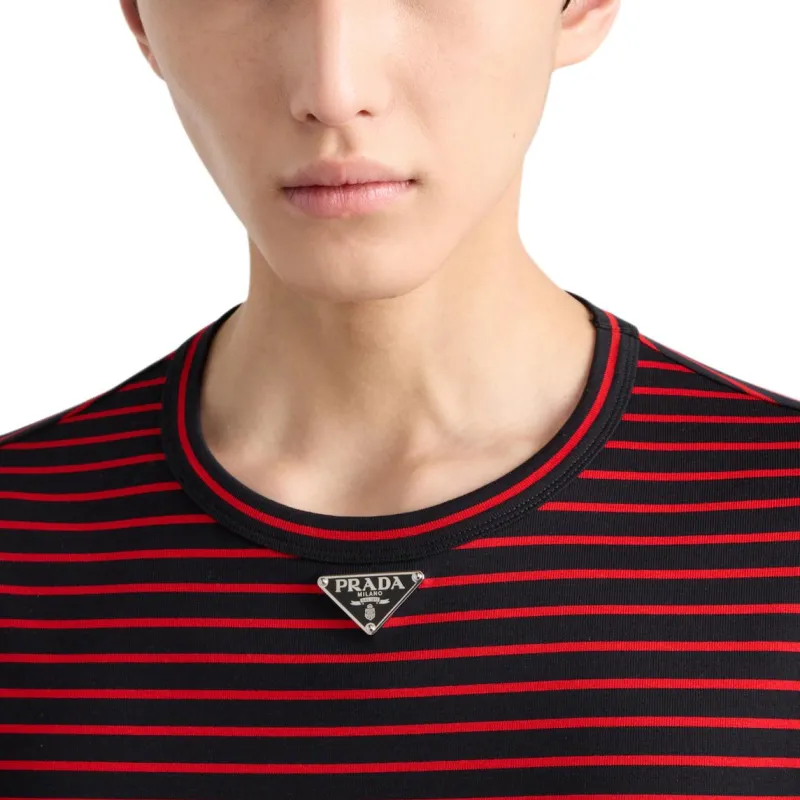 PRADA Triangle Logo Striped Crewneck T-Shirt-4