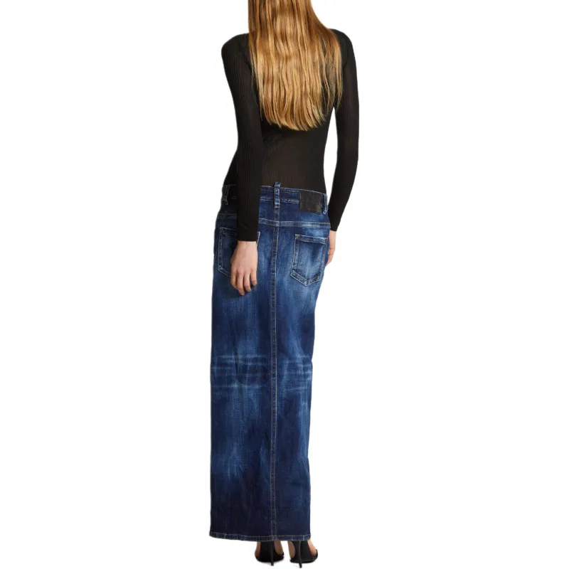DSQUARED 2 Medium Wash Front Split Jean Skirt-3