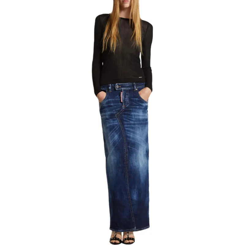 DSQUARED 2 Medium Wash Front Split Jean Skirt-2