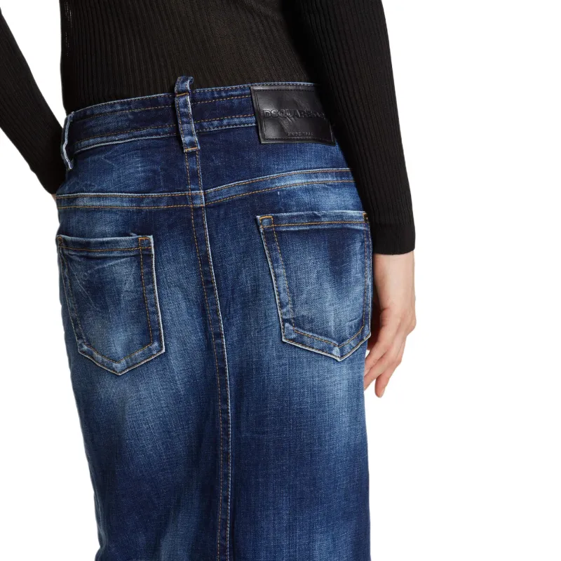 DSQUARED 2 Medium Wash Front Split Jean Skirt-5