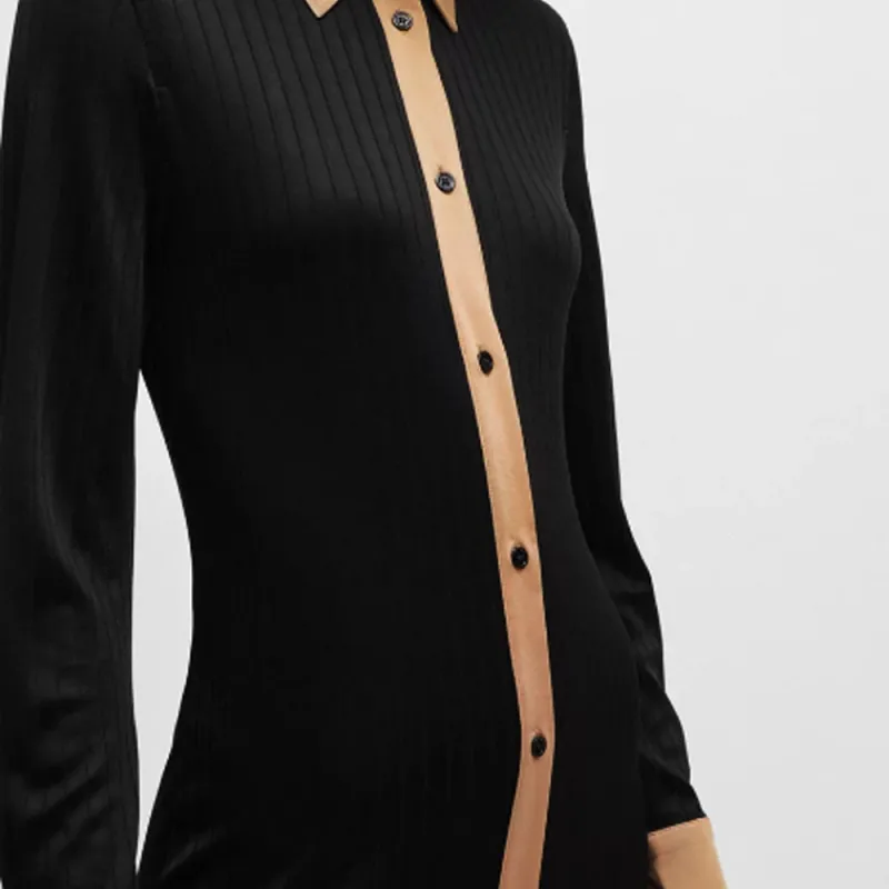 HUGO BOSS Long-Length Shirt-Style Dress In Ribbed Jersey Long-Sleeved Dresses Women's Black-4