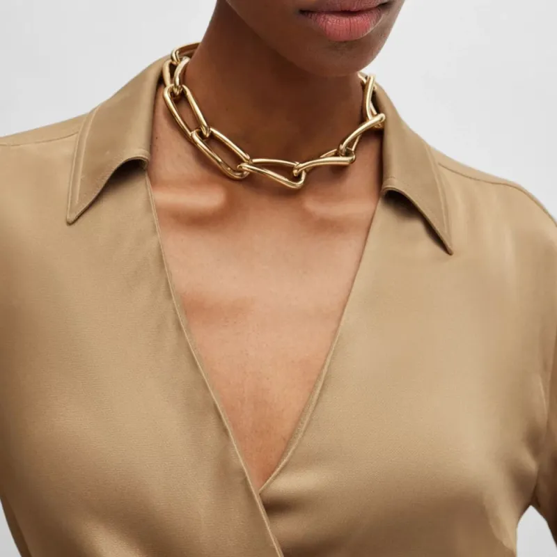 HUGO BOSS Wrap-Front Dress With Collar Detail Long-Sleeved Dresses Women's Light Brown-4