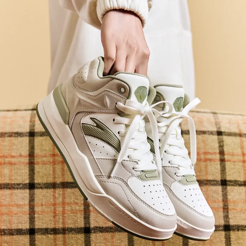 Anta Anti-Slip Wear-Resistant High-Top Skateboard Shoes Women's White Gray Green-3